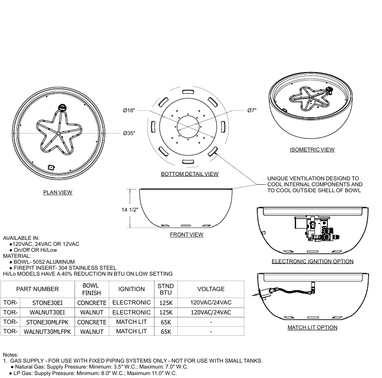 HPC Torpedo Aluminum Spun Bowl HiLo Ignition Outdoor Gas Firepit - TOR-STONE30EI-HI/LO