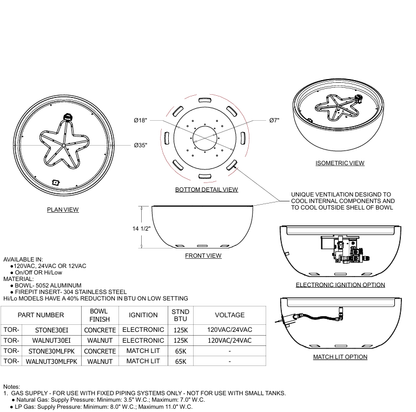 HPC Torpedo Aluminum Spun Bowl HiLo Ignition Outdoor Gas Firepit - TOR-STONE30EI-HI/LO