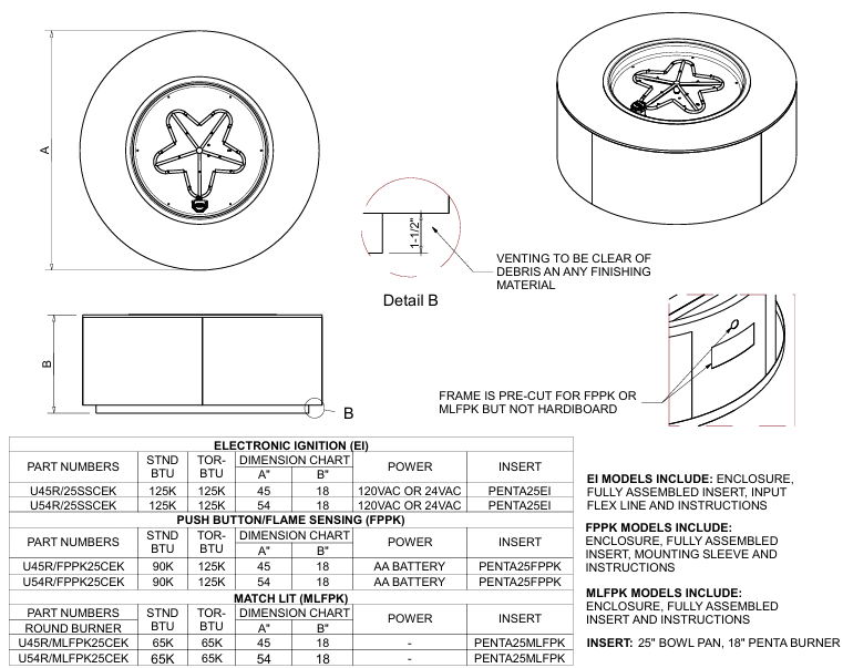 HPC 45 Torpedo Inch Round  Push Button Ignition Outdoor Gas Firepit - TOR-U45R/FPPK25CEK