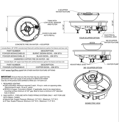 HPC H2Onfire Fire on Water Bowl Outdoor Gas Firepit - FOW52R-CYPRUS360-EI