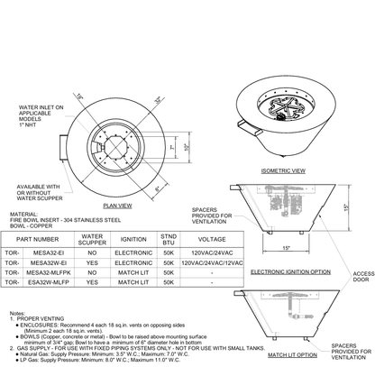 HPC  Mesa Hammerd Copper Bowl Torpedo Burner Outdoor Gas Firepit - TOR-MESA32-EI