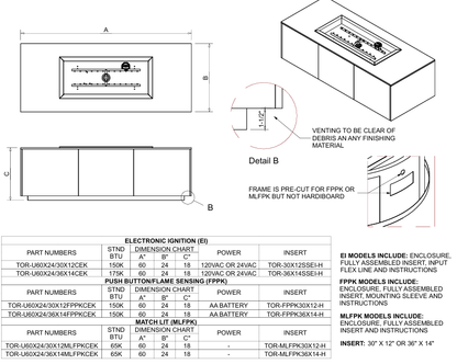 HPC 36 Inch Rectangle  Match Lit Ignition Torpedo H-Burner Outdoor Gas Firepit - TOR-U60X24/36X14MLFPKCEK