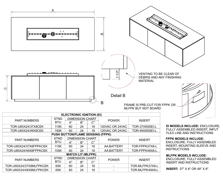 HPC 37 Inch Rectangle  Match Lit Ignition Interlink Torpedo Burner Outdoor Gas Firepit - TOR-U60X24/37X8MLFPKCEK