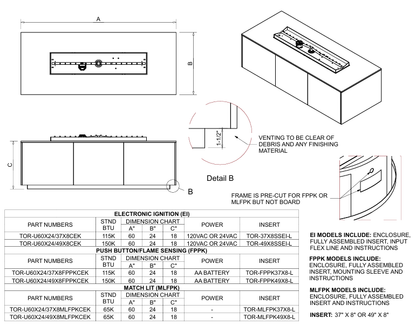 HPC 37 Inch Rectangle  Match Lit Ignition Interlink Torpedo Burner Outdoor Gas Firepit - TOR-U60X24/37X8MLFPKCEK