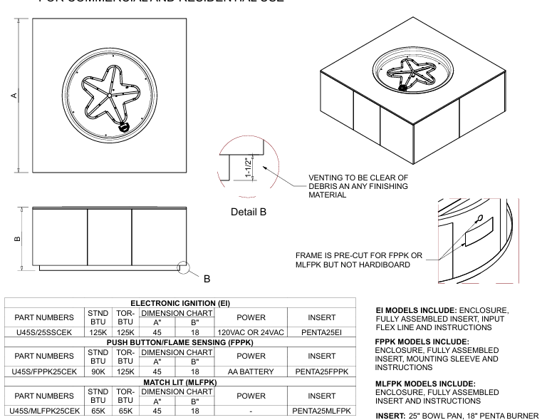 HPC Square  Electronic Ignition Outdoor Gas Firepit - U45S/25SSCEK