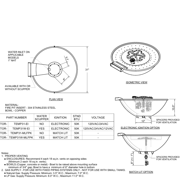 HPC Tempe Hammered Copper Bowl Outdoor Gas Firepit - TEMP31-EI