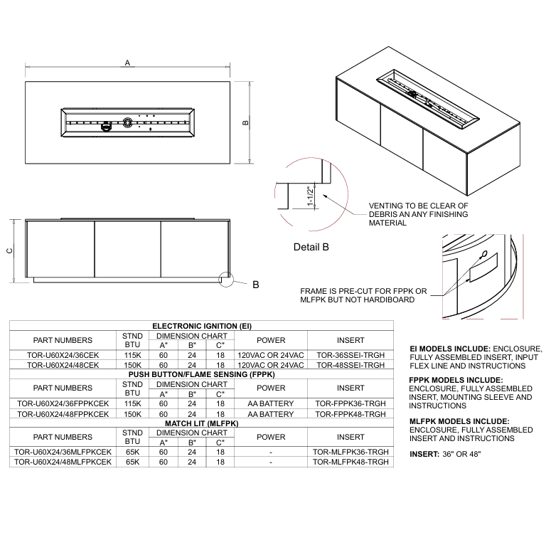 HPC 48 Inch Rectangle  Match Lit Ignition Trough Torpedo Burner Outdoor Gas Firepit - TOR-U60X24/48MLFPKCEK