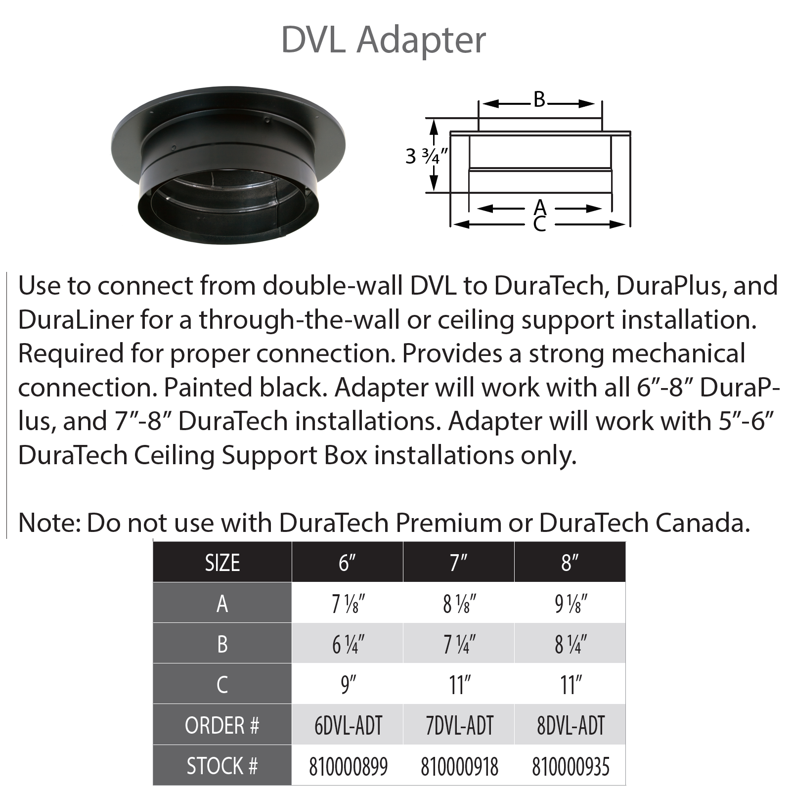 Dura-Tech 6 Chimney Adapter with Trim,for DVL or Single/Double