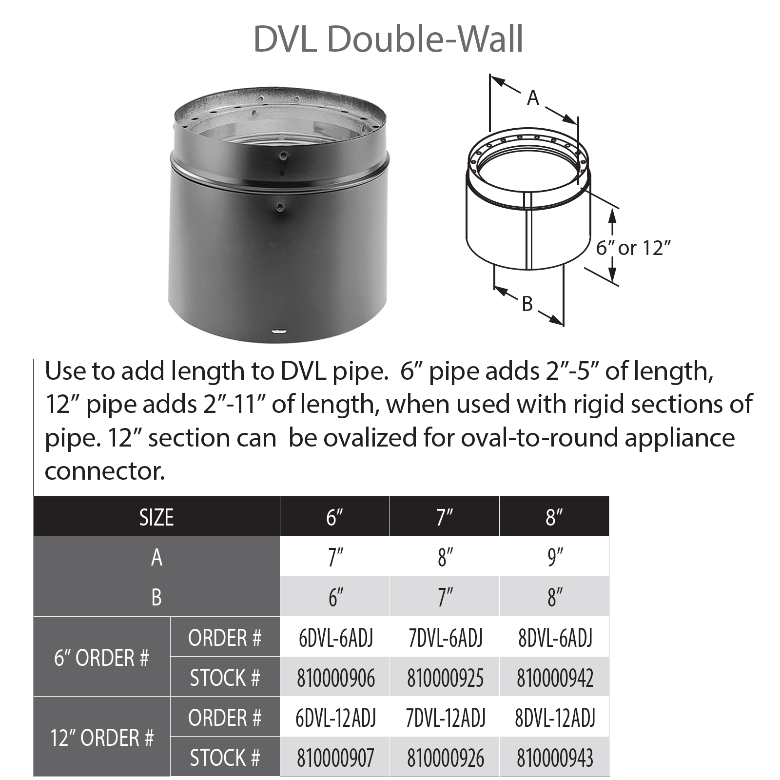 DuraVent DVL 6DVL-12ADJ 6 Double-Wall Black Adjustable Pipe