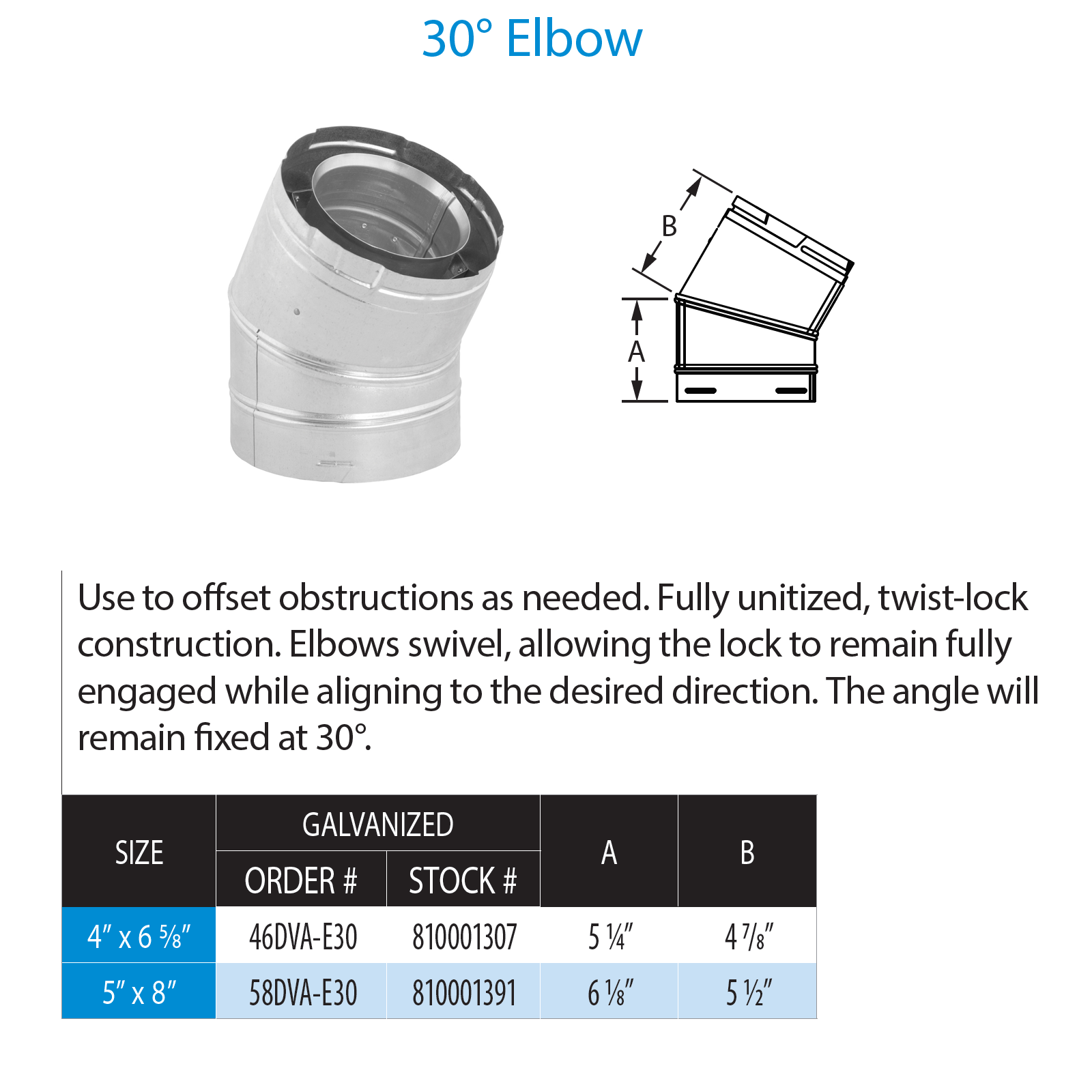 DuraVent DVP Elbow 4 Inch X 6 5/8 Inch - Galvanized | 46DVA-E30