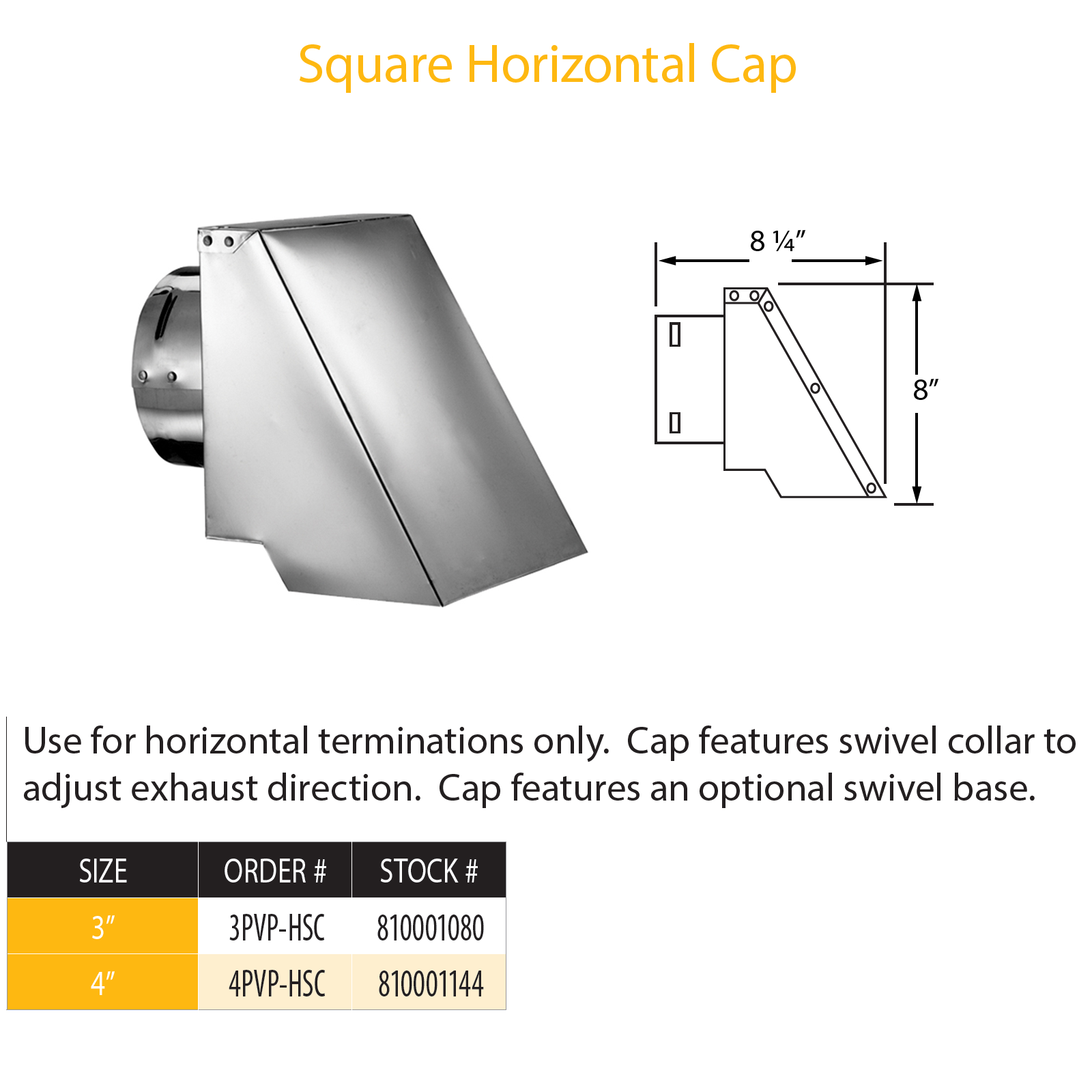 Pellet Vent Pro 4 - Square Horizontal Cap