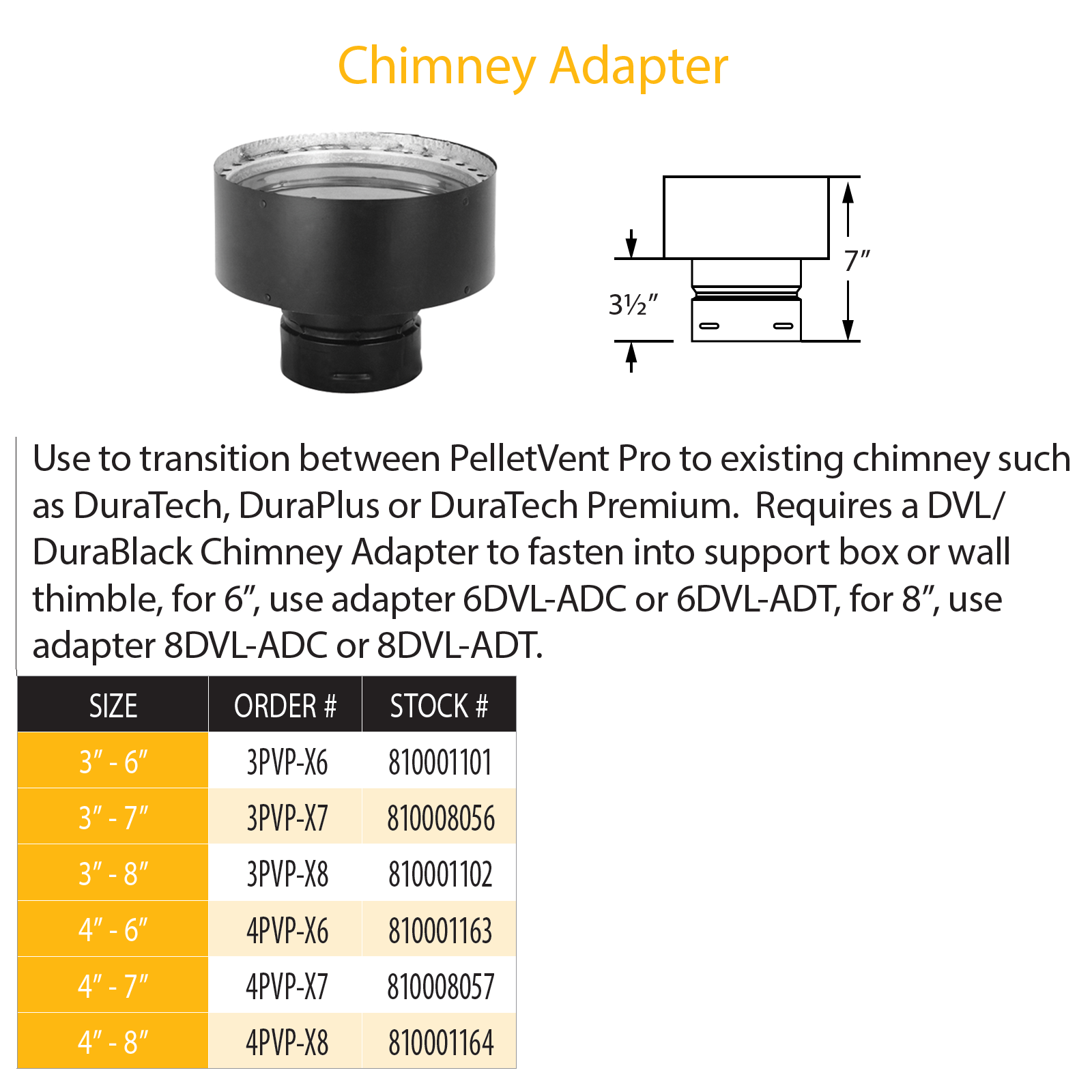 DuraVent 3PVL-X6 3 x 6 in. PelletVent Chimney Adapter